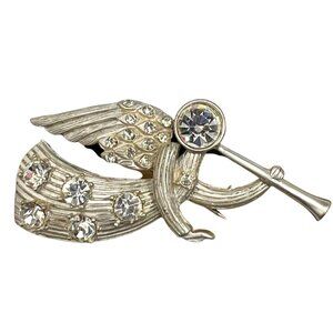 Vintage Angel Pin Brooch Trumpet Rhinestones Silver Tone By Silver Starr